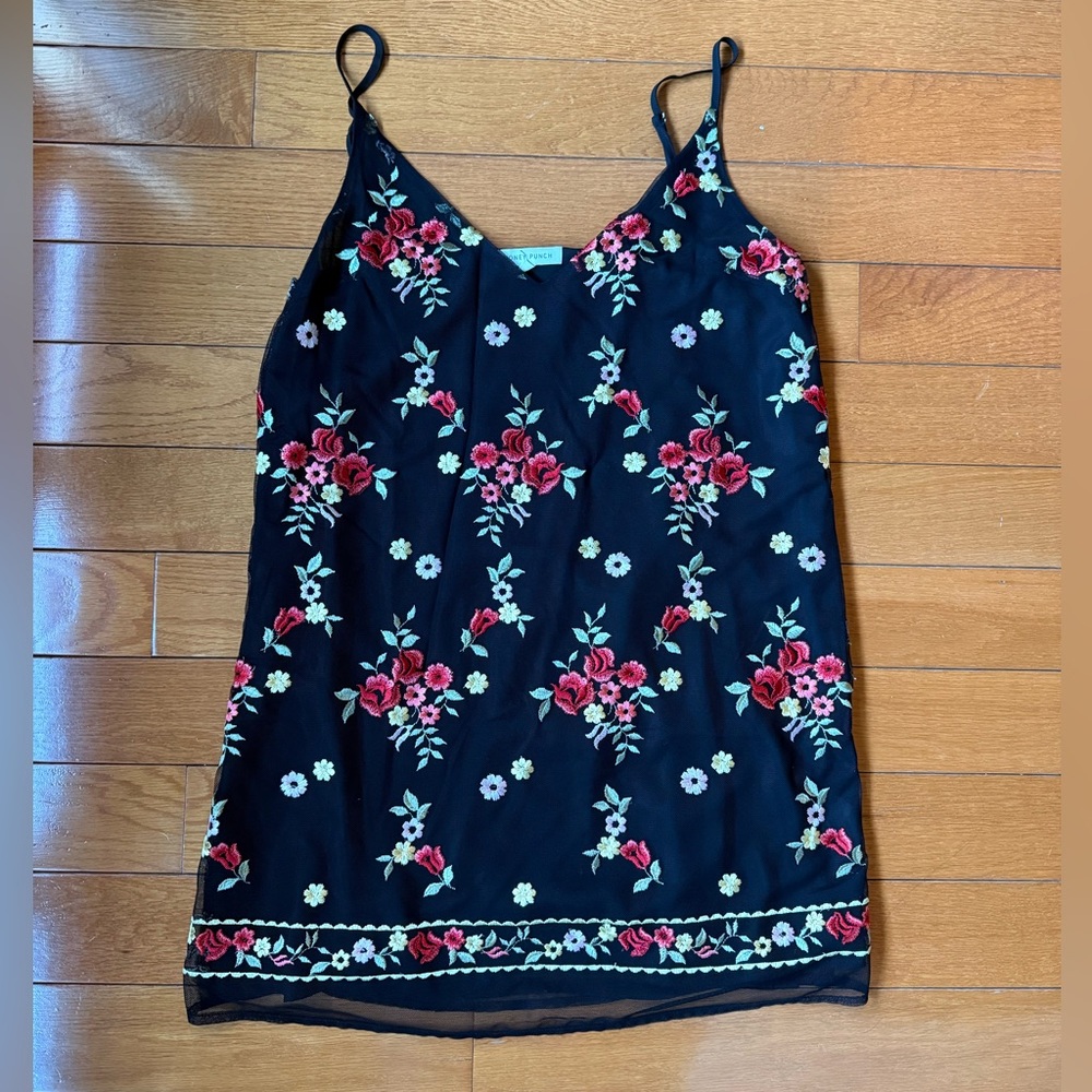 Honey Punch Black Mini Slip Dress with Floral Embroidery
